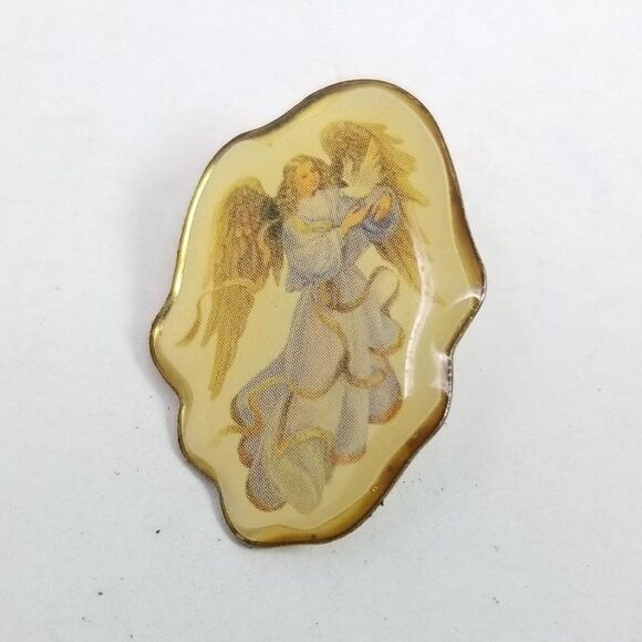 Vintage Guardian Angel Lapel Pin, Woman with Wings in Blue Dress Holding Dove - Picture 5 of 5